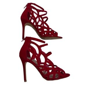 Shoe Republic LA Red Caged Strappy Stiletto Heels Back Zip Dress Sandals